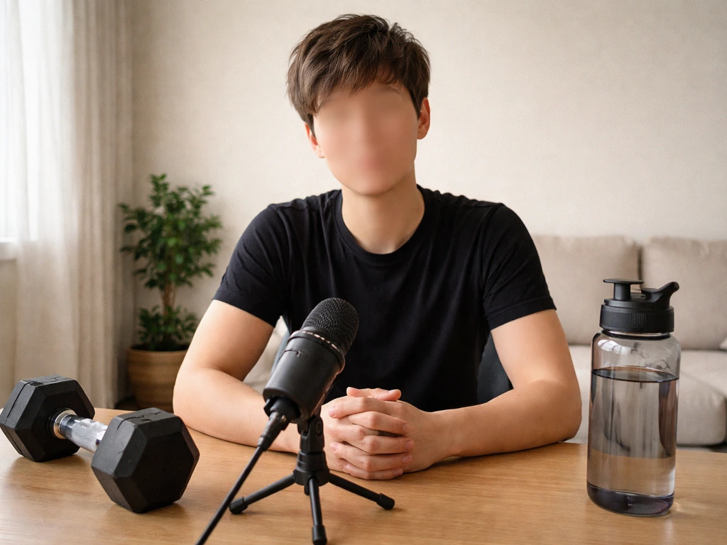 Anonymous fitness creator at a home workout setup with a microphone and water bottle, inspired by a weight-loss channel
