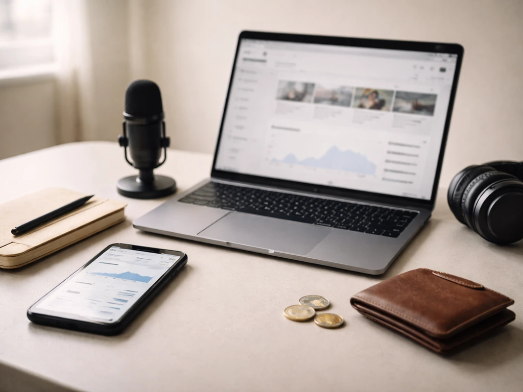 Minimal desk scene with laptop showing an anonymous analytics-style dashboard and creator monetization tools