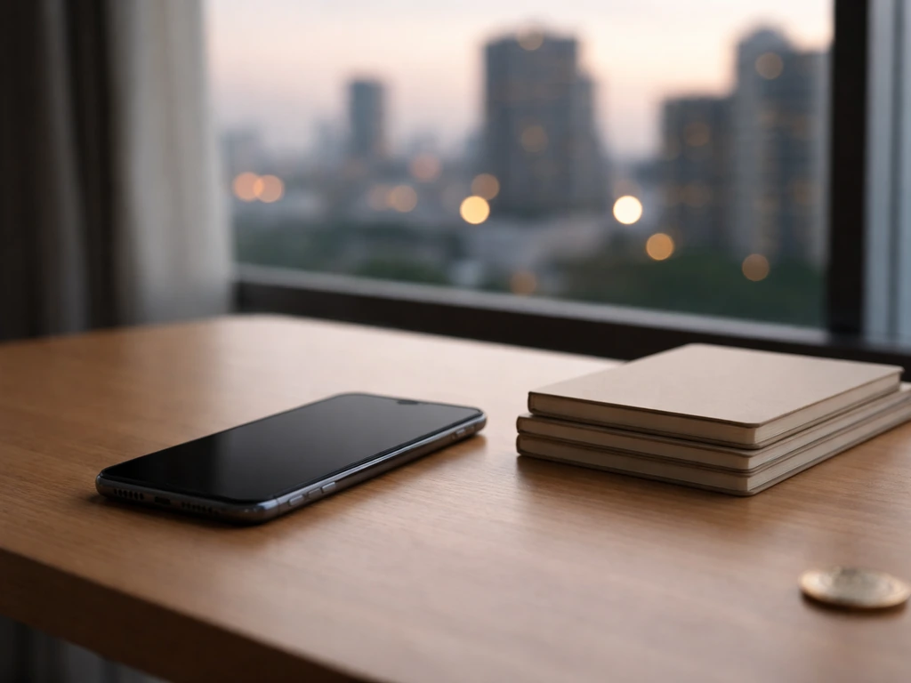 Minimal photo of a smartphone on a desk with a blurred city skyline, suggesting a creator’s growth timeline
