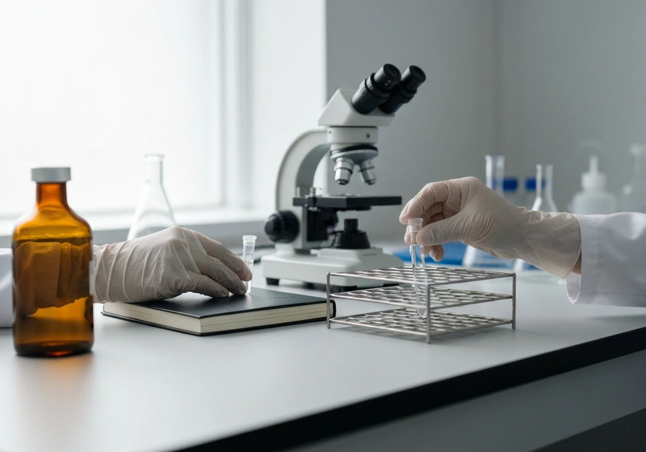 Biotech lab desk with a scientist’s gloved hands and a blurred microscope, conveying pharma leadership