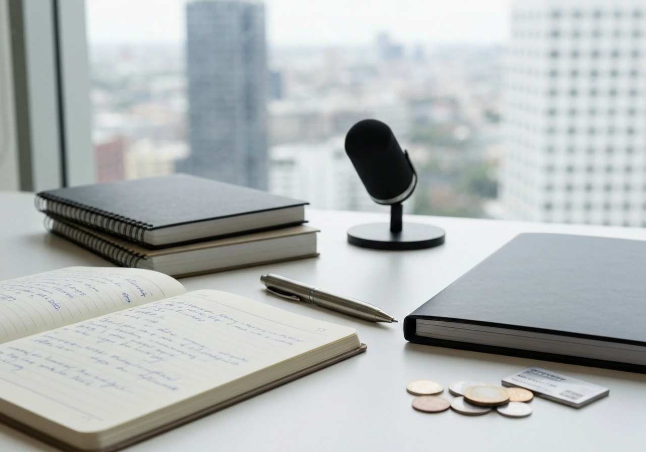 Minimal pharma R&D office desk with unlabeled documents, microphone, coins, and a blurred city view