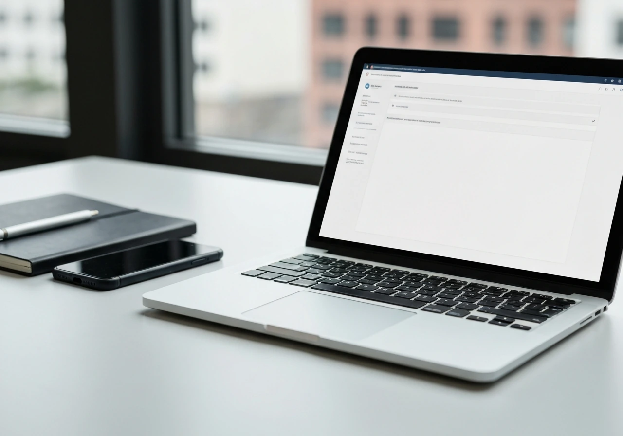 Minimal desk scene with laptop showing a generic filing document viewer for SEC-style research.