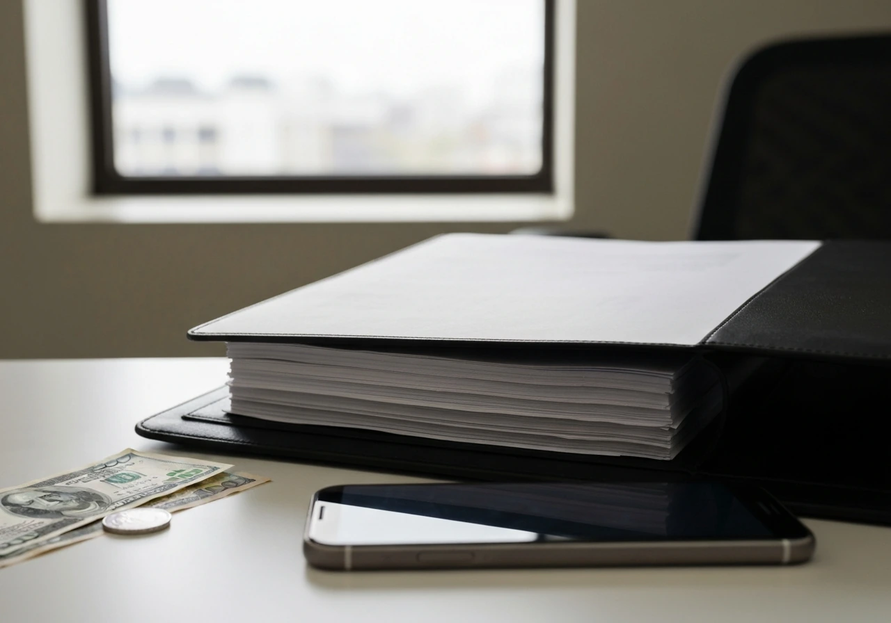 Minimal desk scene with money, a folder, and a smartphone showing blurred finance notes—no text visible.