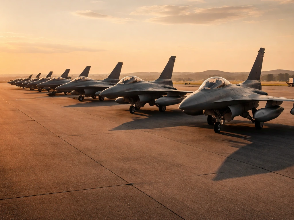Multiple tactical fighter jets parked on an airfield at golden hour with warm reflections on the tarmac.