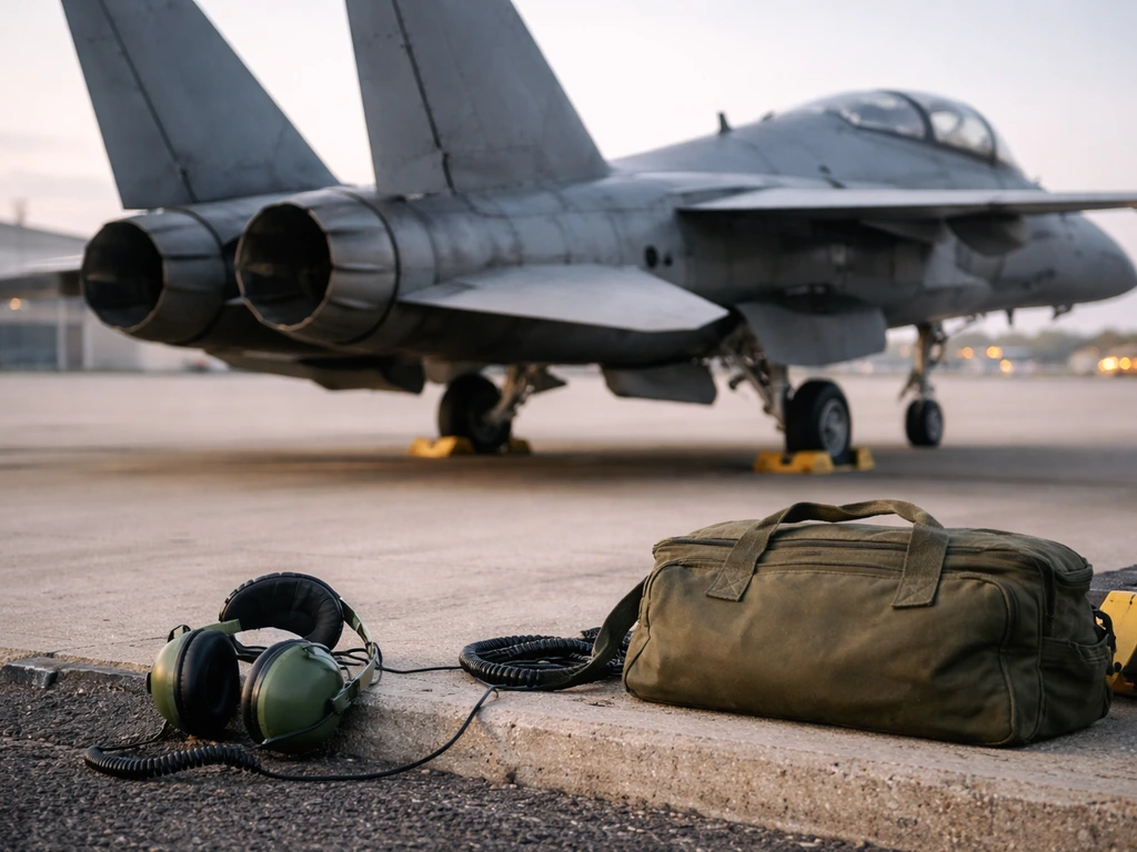 Close-up of a tactical aircraft tail and ground crew gear on an airfield, suggesting aviation services training support.