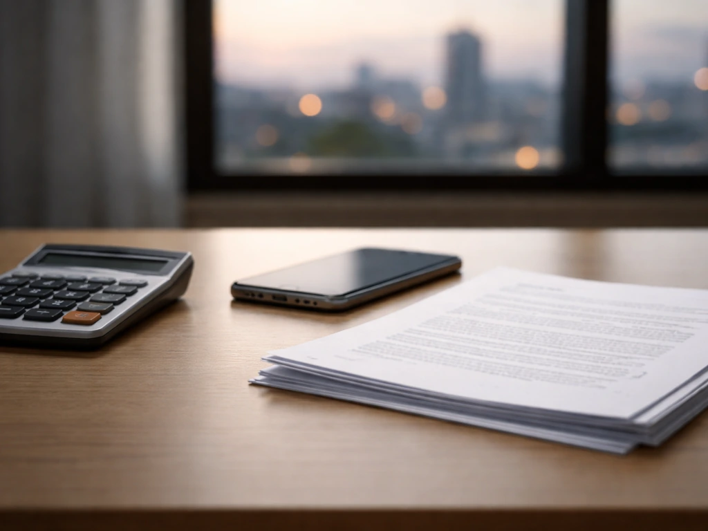 Close-up of a desk with a calculator, smartphone, and contract papers beside a blurred city skyline at dusk.