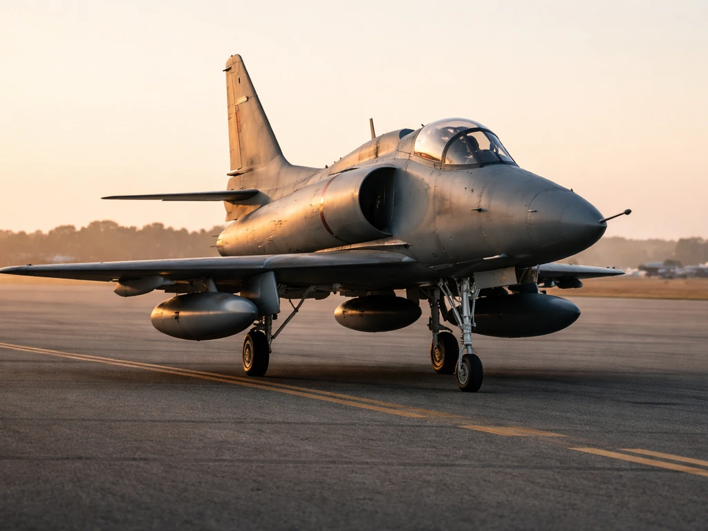 Low-angle photo of an A-4 Skyhawk-style adversary training jet parked on a runway at sunset.