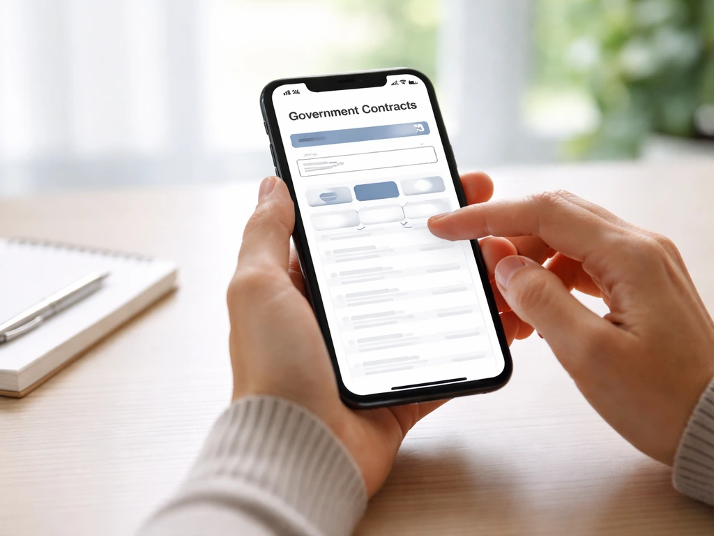 Hand holding phone showing a simple public-contract search screen with filters highlighted
