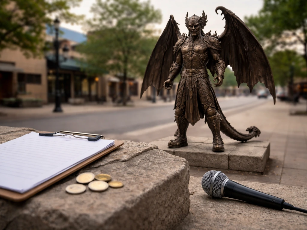 Dragon-themed landmark in Colorado Springs with coins and a microphone, symbolizing analysis and net worth.