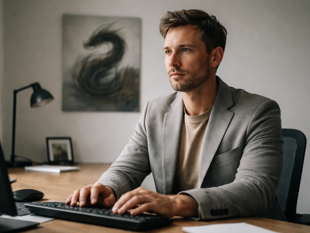 Man in a plain office, framed by a subtle dragon-themed painting, suggesting the “Dragon Man” identity.