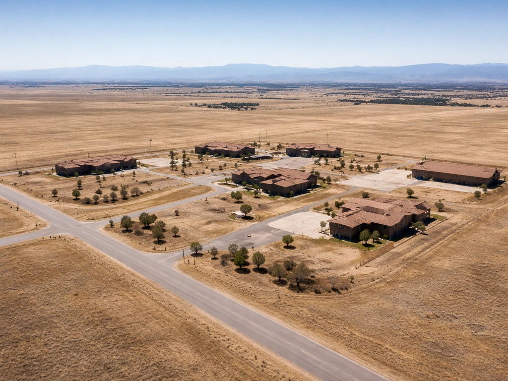 Drone-style aerial view of a vast fenced compound with scattered buildings and open land, showing large scale.
