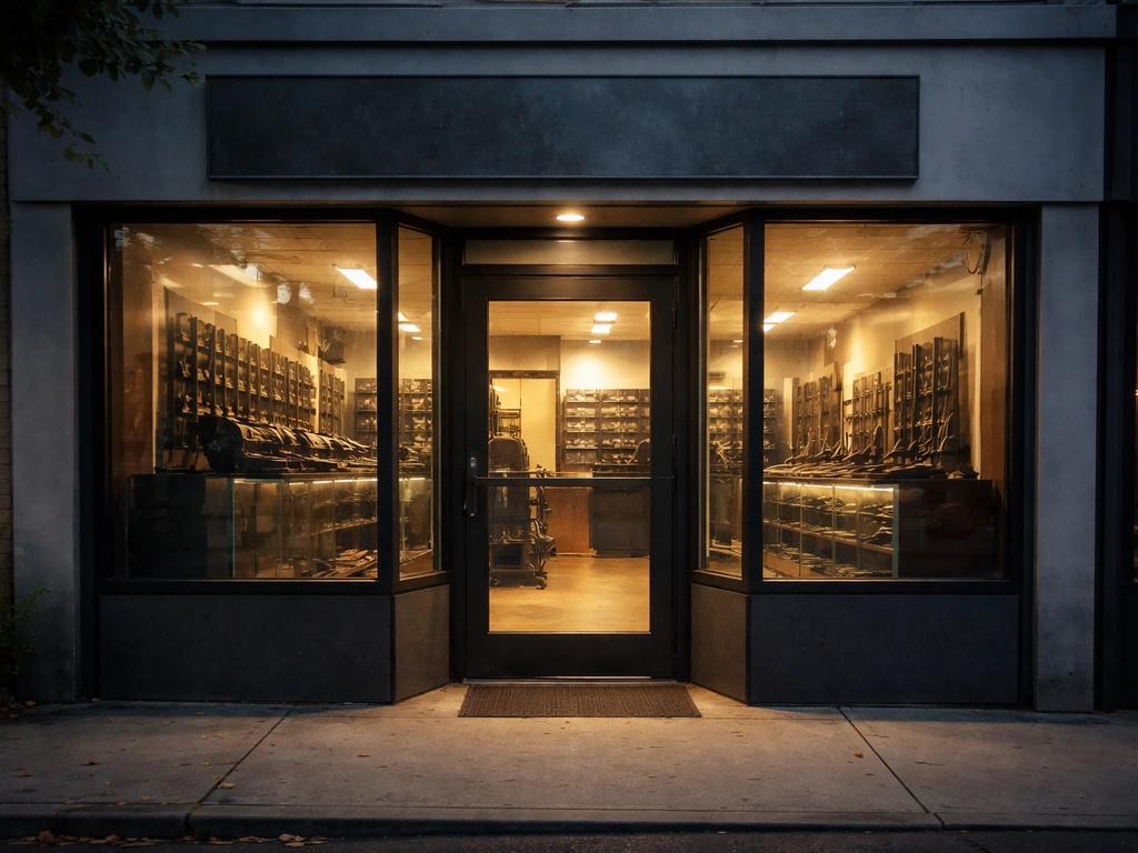 Quiet storefront with a glass door and subtle metal signage suggesting a licensed firearms shop