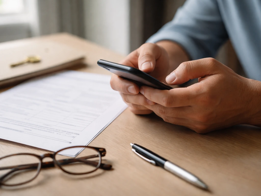 Hands reviewing blurred property record documents on a desk with smartphone, pen, and key nearby.