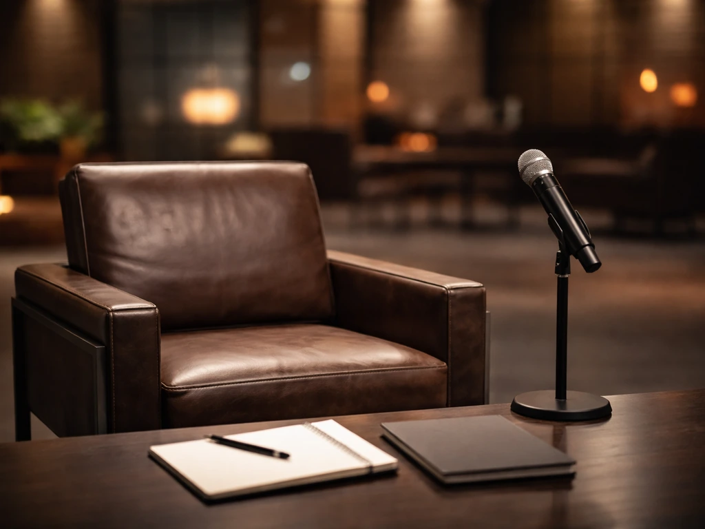 Studio set with a leather chair and a microphone stand, evoking a business TV pitch on Dragons’ Den-style panel.