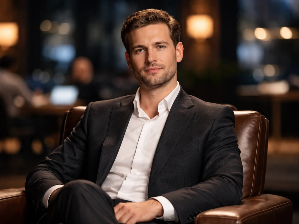 Anonymous entrepreneur in a TV studio, seated in a leather chair like a reality-show investor.