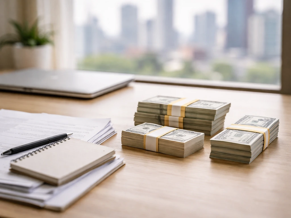 Minimal office desk with scattered documents and cash beside a laptop, symbolizing asset component estimates.