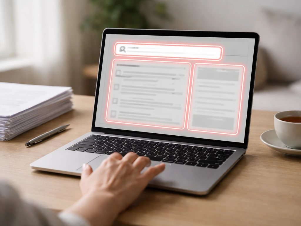 Minimal home-office desk with a laptop showing a highlighted filings search interface and papers for verification.