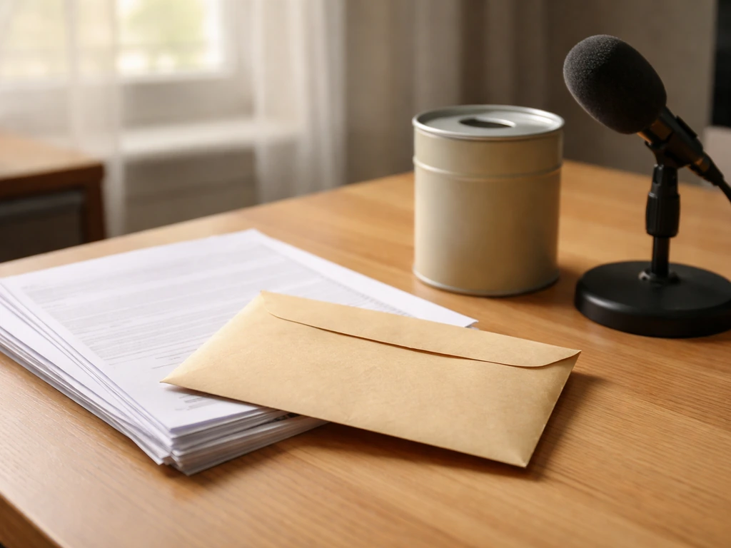 Close-up of a nonprofit donation envelope and donation receipt folder in a tidy office setting