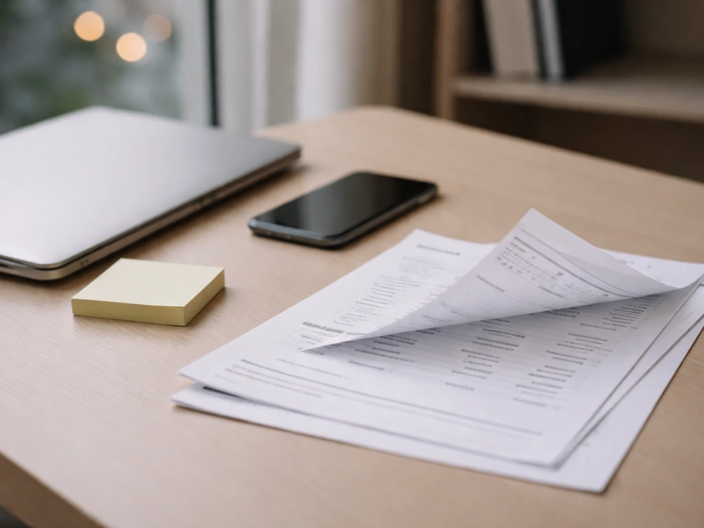 Minimal desk scene with laptop, phone, and blank papers suggesting conflicting money estimates and cross-checking.