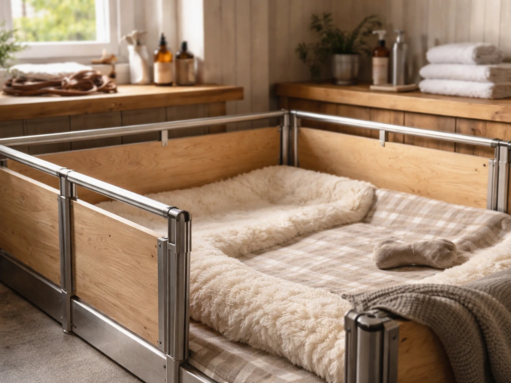 Close-up of a premium bulldog breeding setup with a spotless whelping pen and soft bedding.
