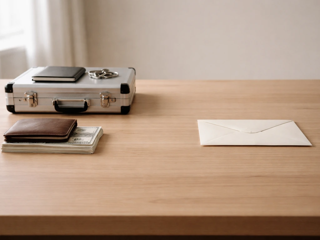 Minimal office tabletop with cash, briefcase items, and a sealed envelope showing assets versus liabilities concept