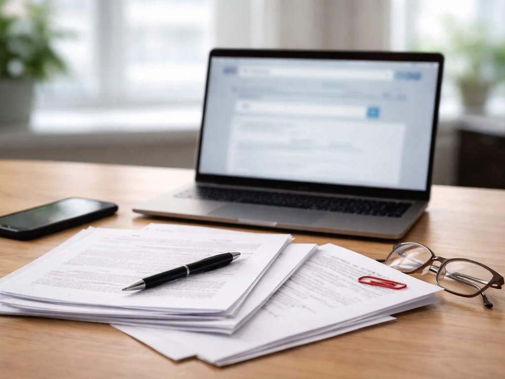 Minimal desk scene with business documents and a laptop showing blurred search interface about company verification.