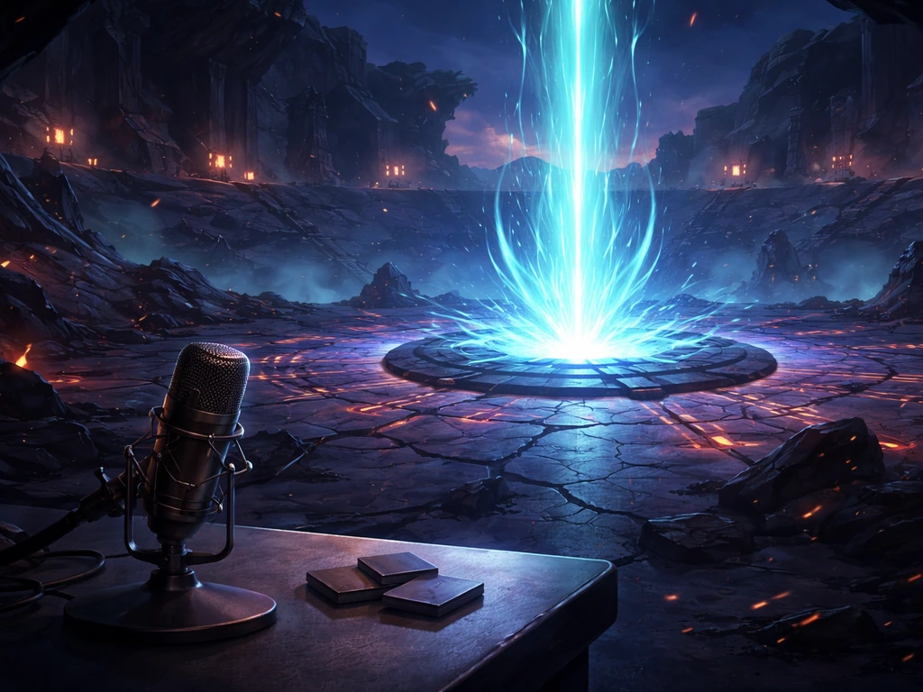 Moody fantasy arena glowing with revival energy beside an anonymous studio mic setup, no text or logos.
