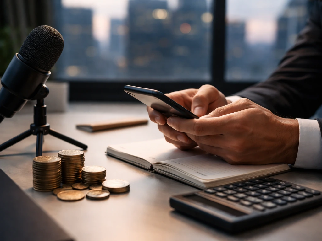 Close-up of an analyst’s desk with calculator, coins, and smartphone suggesting a net worth estimate approach.