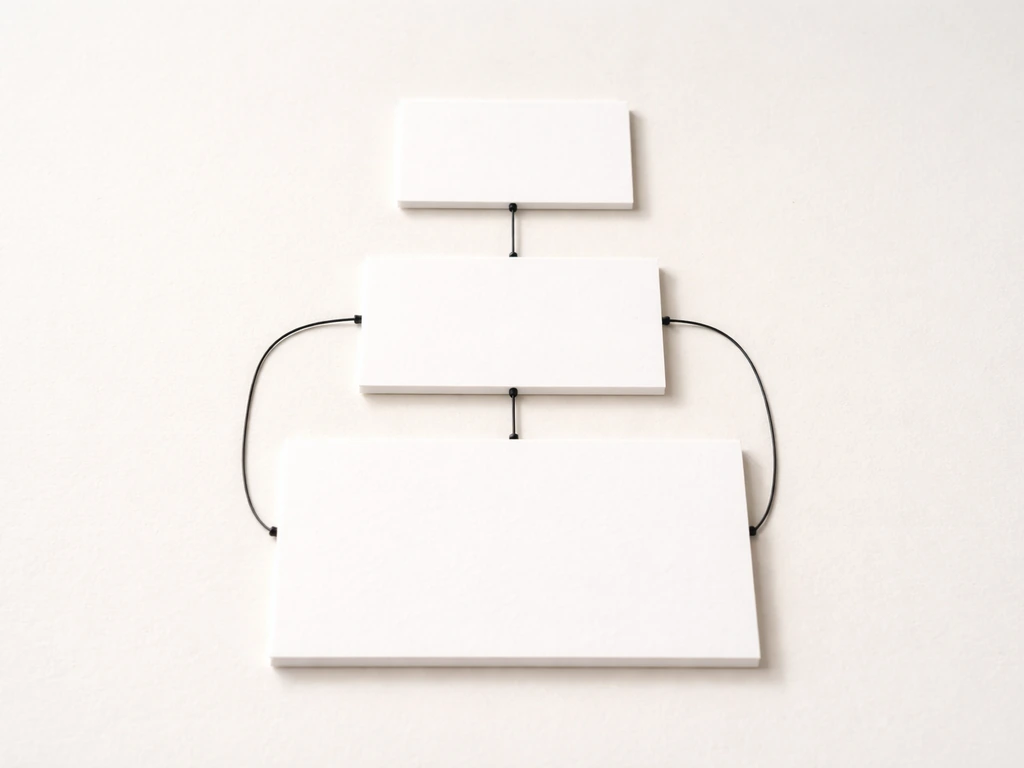Minimal desk scene with three connected card-like layers suggesting creator, publisher, and parent company