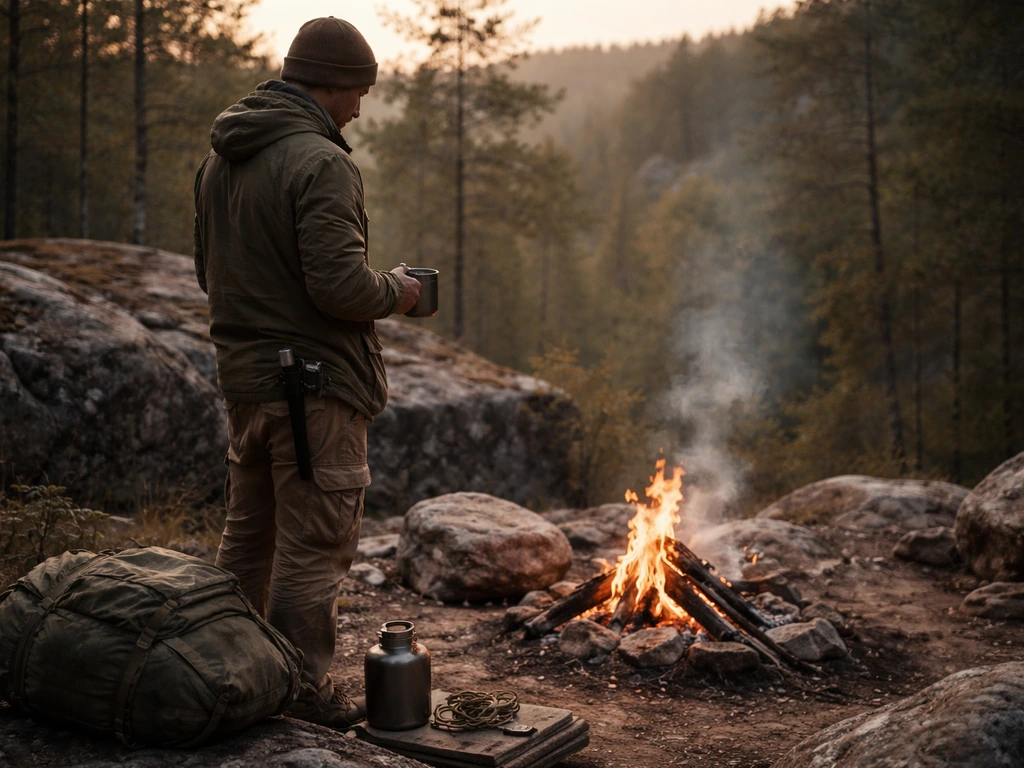 A lone survivalist in rugged wilderness with a small fire, gear laid out, rugged outdoors feel