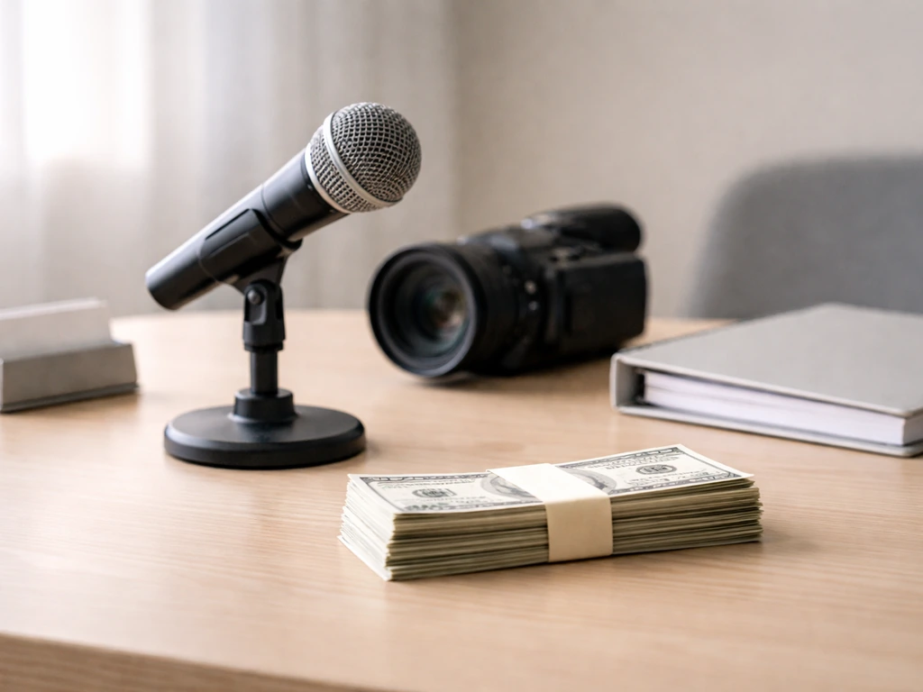 Minimal desk scene with a camera, microphone, and cash-like props symbolizing multiple income streams