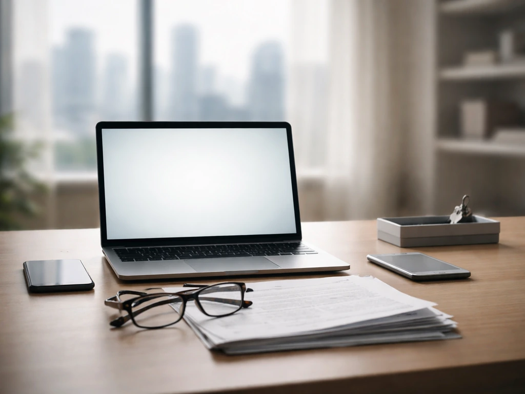 Minimal business desk with laptop, papers, and phone, symbolizing public-source net worth estimation.