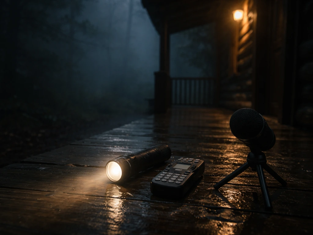 Paranormal investigation gear on a dark cabin porch in Tennessee, with a glowing flashlight and audio recorder