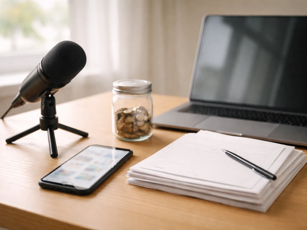 Minimal desk scene with microphone, money jar, and stacked blank papers suggesting income sources.