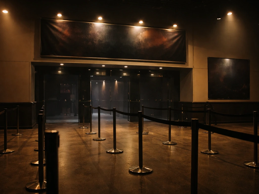 Dimly lit concert venue entrance with a branded event banner and ticket entry gate for a tour night