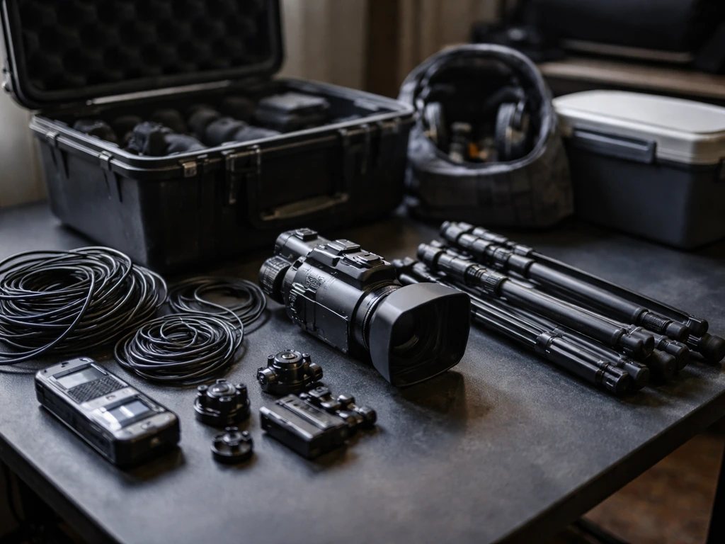 Paranormal production gear packed in a road case with cables and a night-vision camera beside a cooler