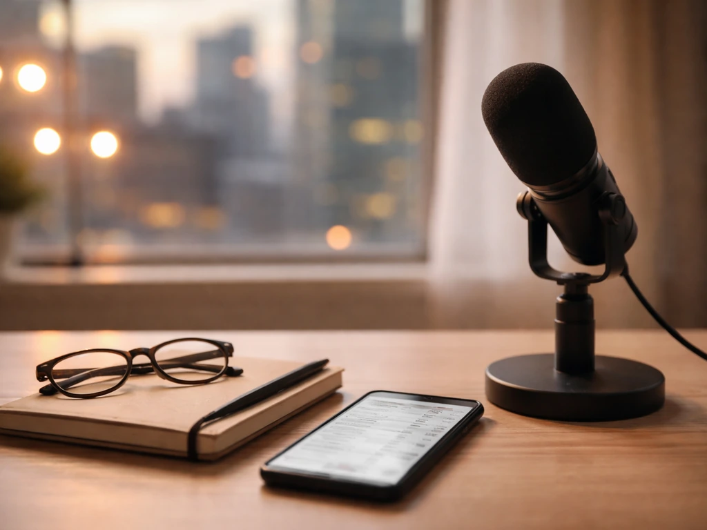 Minimal studio desk scene with microphone and phone showing blurred finance data, symbolic of media and wealth compariso