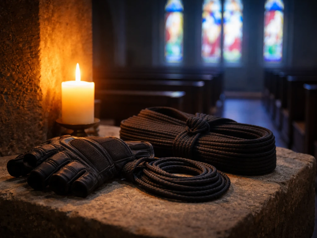 Symbolic church interior with training gloves and rope, warm candlelight and stained-glass dawn glow.