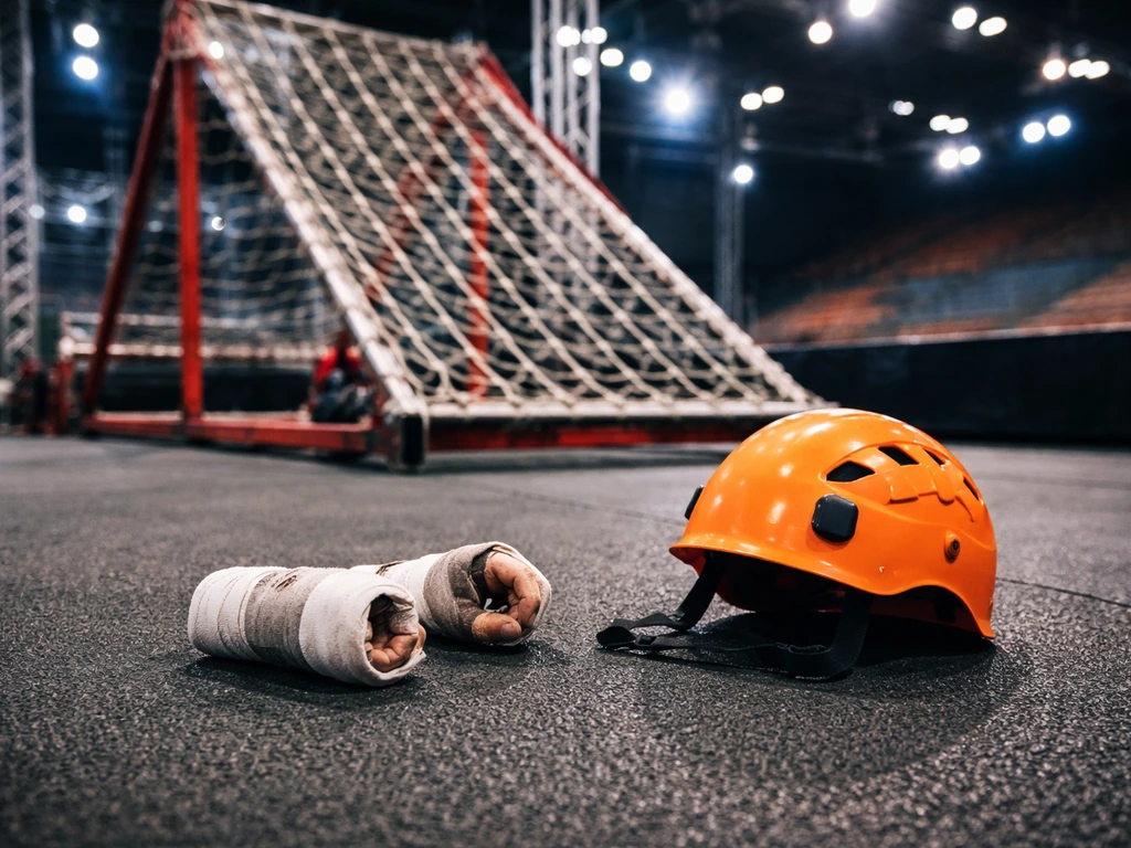 Ninja obstacle course hurdles with a helmet and safety gear on the ground, symbolizing an American Ninja Warrior competi