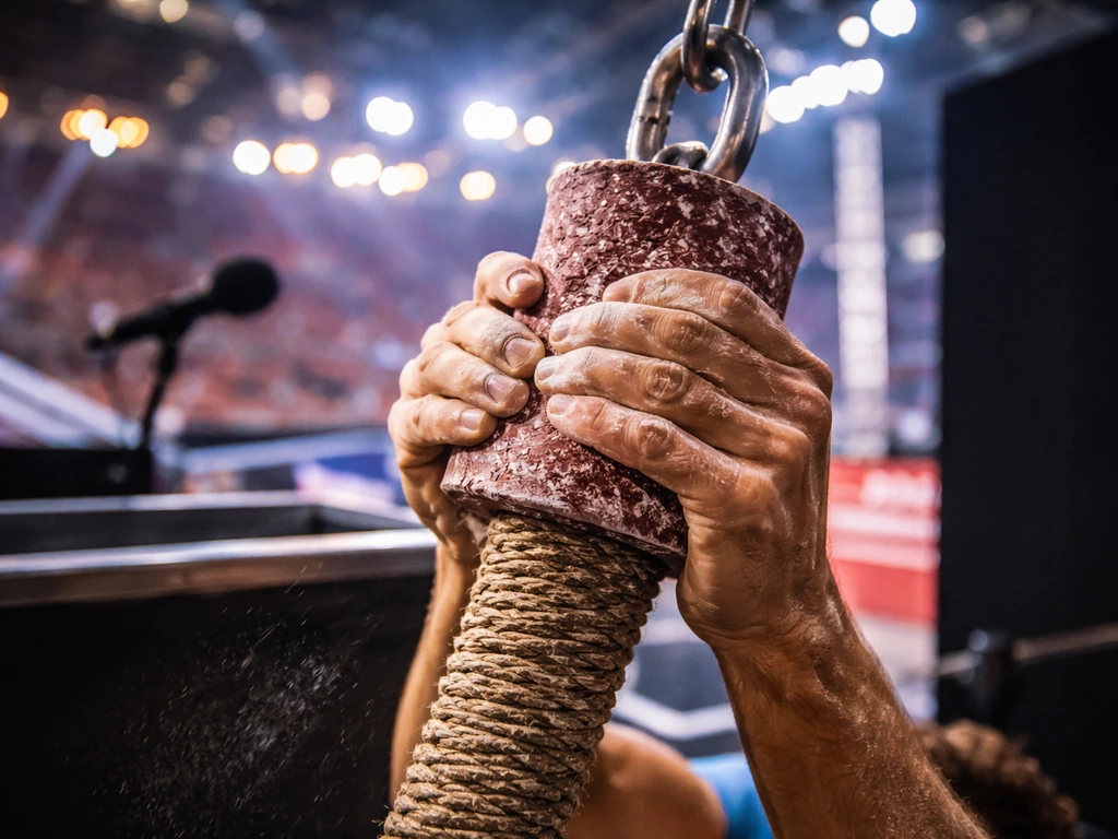 Close-up of anonymous hands gripping an obstacle, with a blurred competition backdrop and media setup.