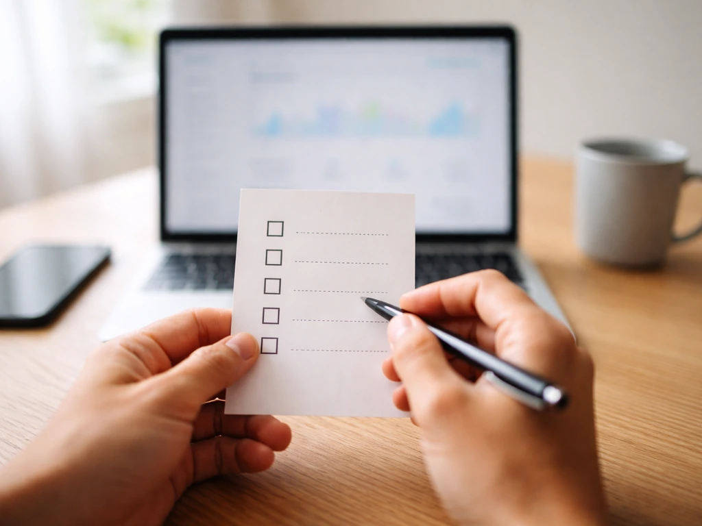 Hands reviewing a checklist beside a laptop with a generic video-analysis style interface, no text.