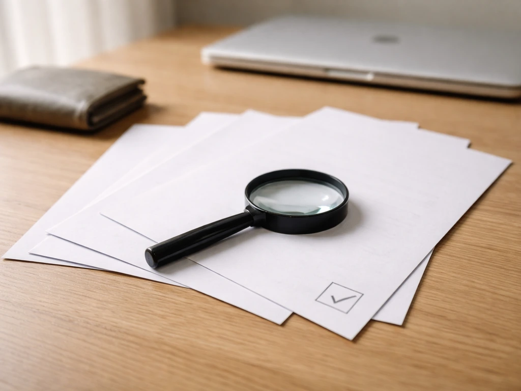 Minimal photo of financial documents on a desk with a magnifying glass, symbolizing verification
