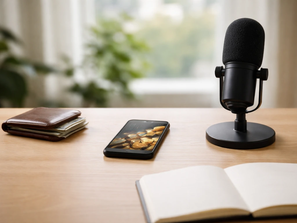 Minimal home office desk with wallet, smartphone, and microphone separated to symbolize assets, revenue, and leadership