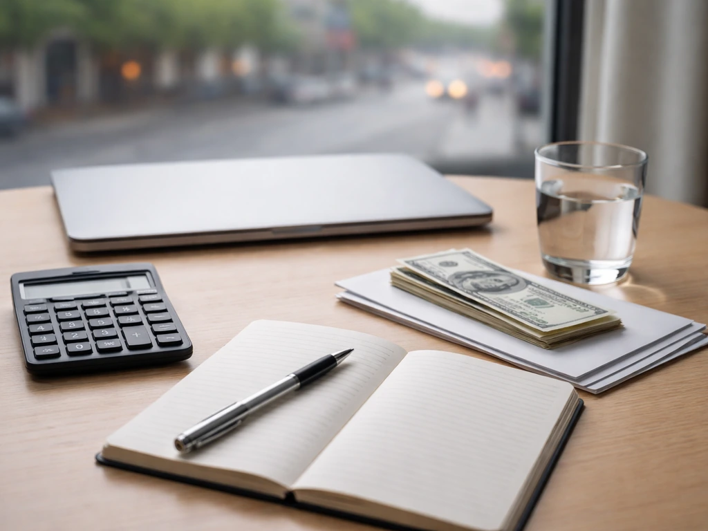 Minimal desk scene with calculator and blank notebook symbolizing conservative vs aggressive estimate assumptions