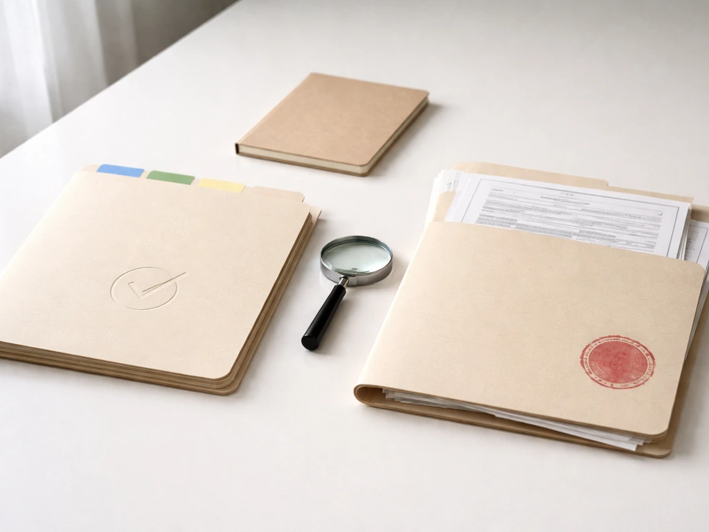 Minimal desk scene with two folders, magnifying glass, and visual hints of verified vs alleged.