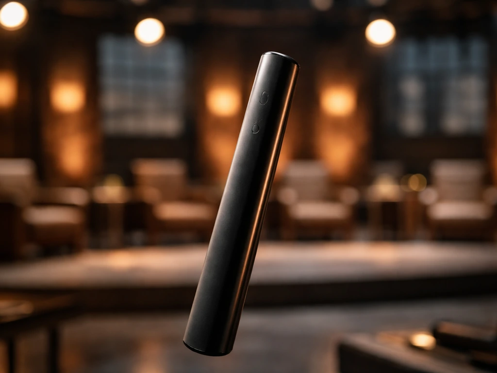 Sleek wand-shaped remote in front of a blurred investment TV studio set, dramatic bokeh lights.