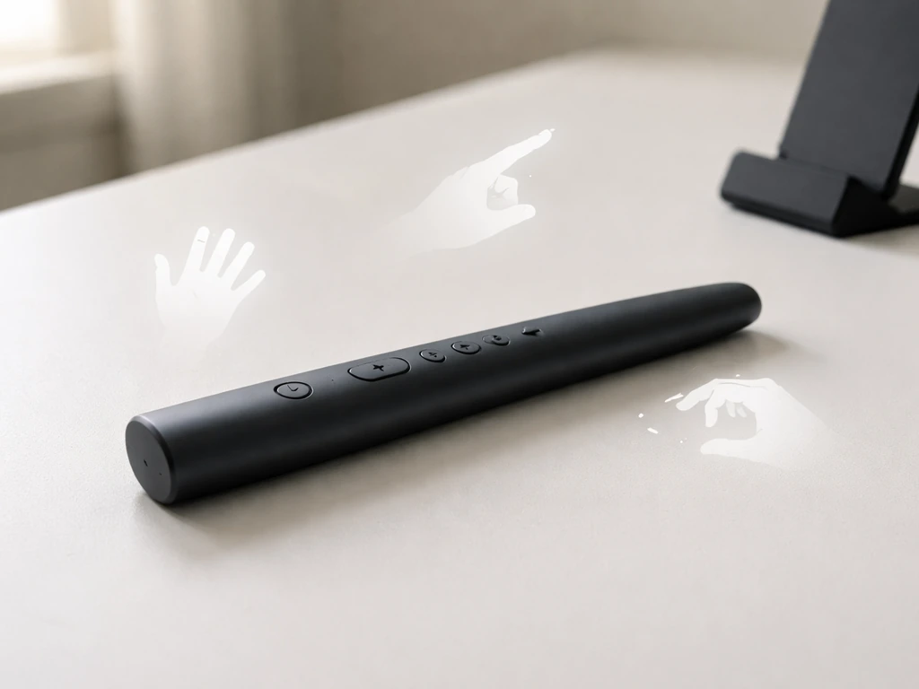 Wand-shaped remote on a desk with subtle hand-gesture silhouette cues for gesture control.