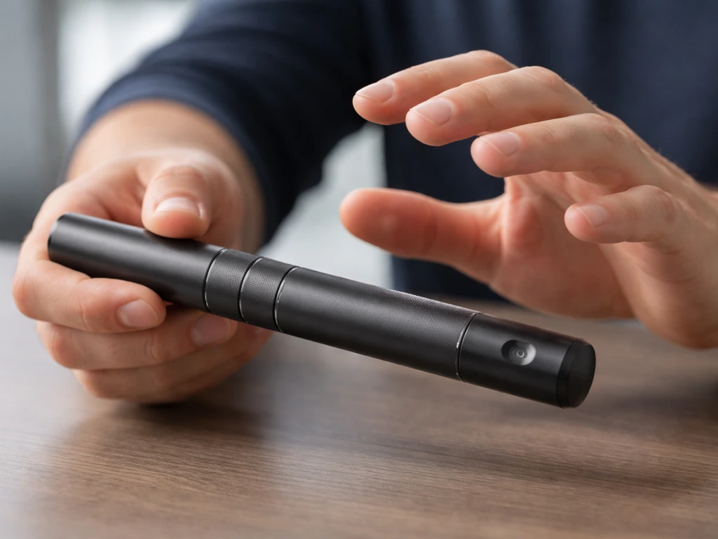 Close-up of a presenter’s hands using a wand remote with visible gesture-control interaction