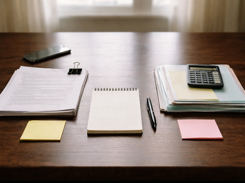 Minimal desk photo with two paper columns and blank notes suggesting documented facts vs inferences.