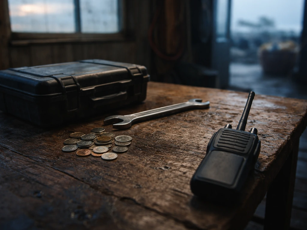 Minimal photo of a dark mining workbench with scattered coins and a rugged radio, symbolizing reaper mining net worth.
